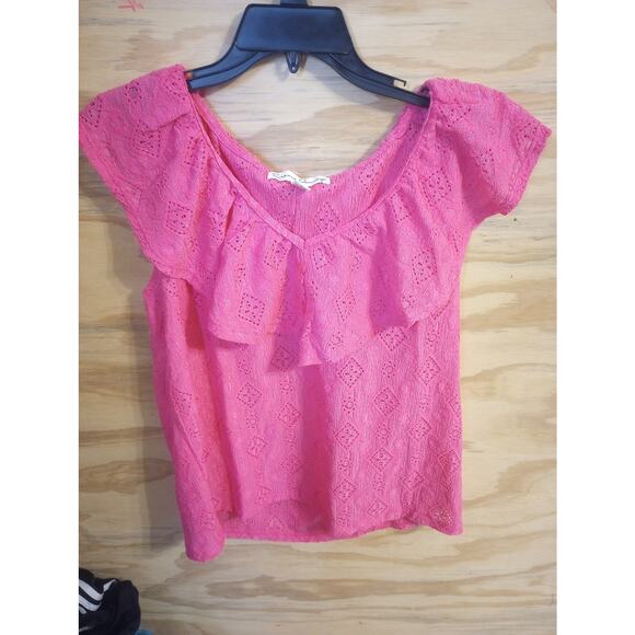 Women's French Laundry Top Pink Large Ruffled Scoop Neckline Peasant - Picture 1 of 1